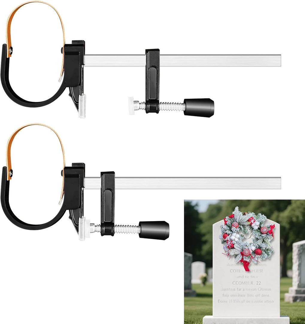 Headstone Wreath Hanger, 2-Pack Adjustable Cemetery Wreath Holder for 3'' to 8'' Tombstones & Grave Markers, Black, Gravestone Decoration for Christmas, Memorial Day, Never Blown Away!