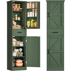 TEENFON Kitchen Pantry Cabinet with 3 Door Shelves & 1 Drawer, Narrow Bathroom Cabinet with Adjustable Shelves, Tall Storage Cabinet for Living Room, Bathroom, Entryway, Green, 11.8"D x 15.7"W x 67"H