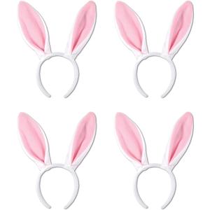 Beistle Soft-Touch Bunny Ears Headbands, 4-Pack  Plush Fabric Rabbit Ear Accessories on Snap-On Headbands, White and Pink Costume Props for Spring, Easter, Egg Hunts and Themed Parties, Adult Size