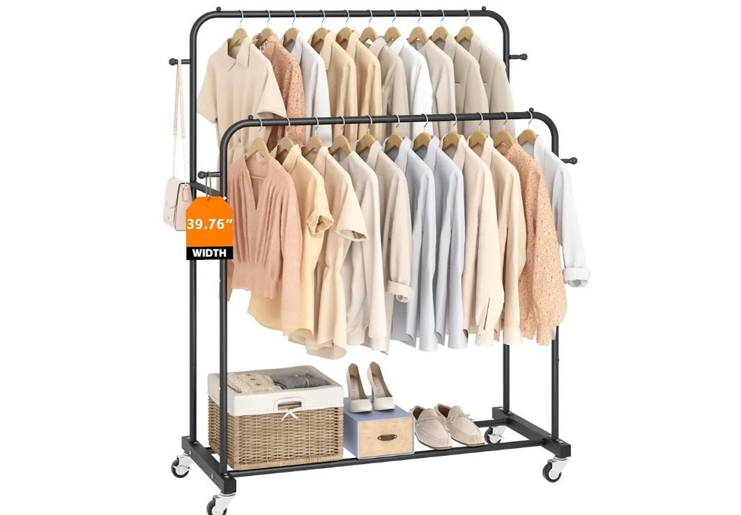 Laiensia Double Rods Garment Rack with Wheels, Clothing Rack for Hanging Clothes,4 Hooks, Multi-functional Bedroom Clothes Rack, Black