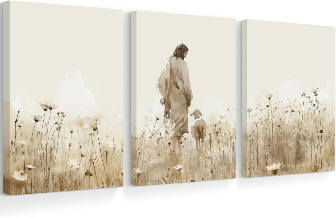Jesus Leaves the 99 Sheep Wall Art Christian Canvas Poster Jesus and Lamb Wall Decor Religious Pictures Lost Sheep Painting God Christ Painting Artwork for Bedroom Living Room 16x24x3 Inch Ready to Hang