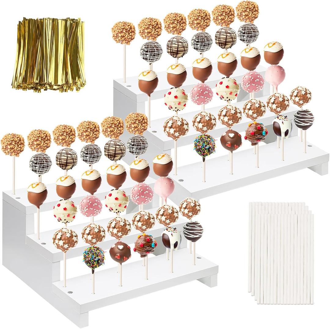 2Pcs Wood Cake Pop Display Stand, White Lollipop Holder 3 Tier with Twist Ties Lollipop Sticks, 33 Holes Sucker Storage Rack for Dessert Table of Wedding Birthday Party Christmas Day (B)