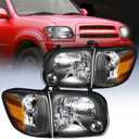 Nilight Headlight Assembly for 2005 2006 Toyota Tundra 4 Door Double Crew Cab 2005 2006 2007 Sequoia Pickup Replacement Black Housing Amber Reflector Driver and Passenger Side