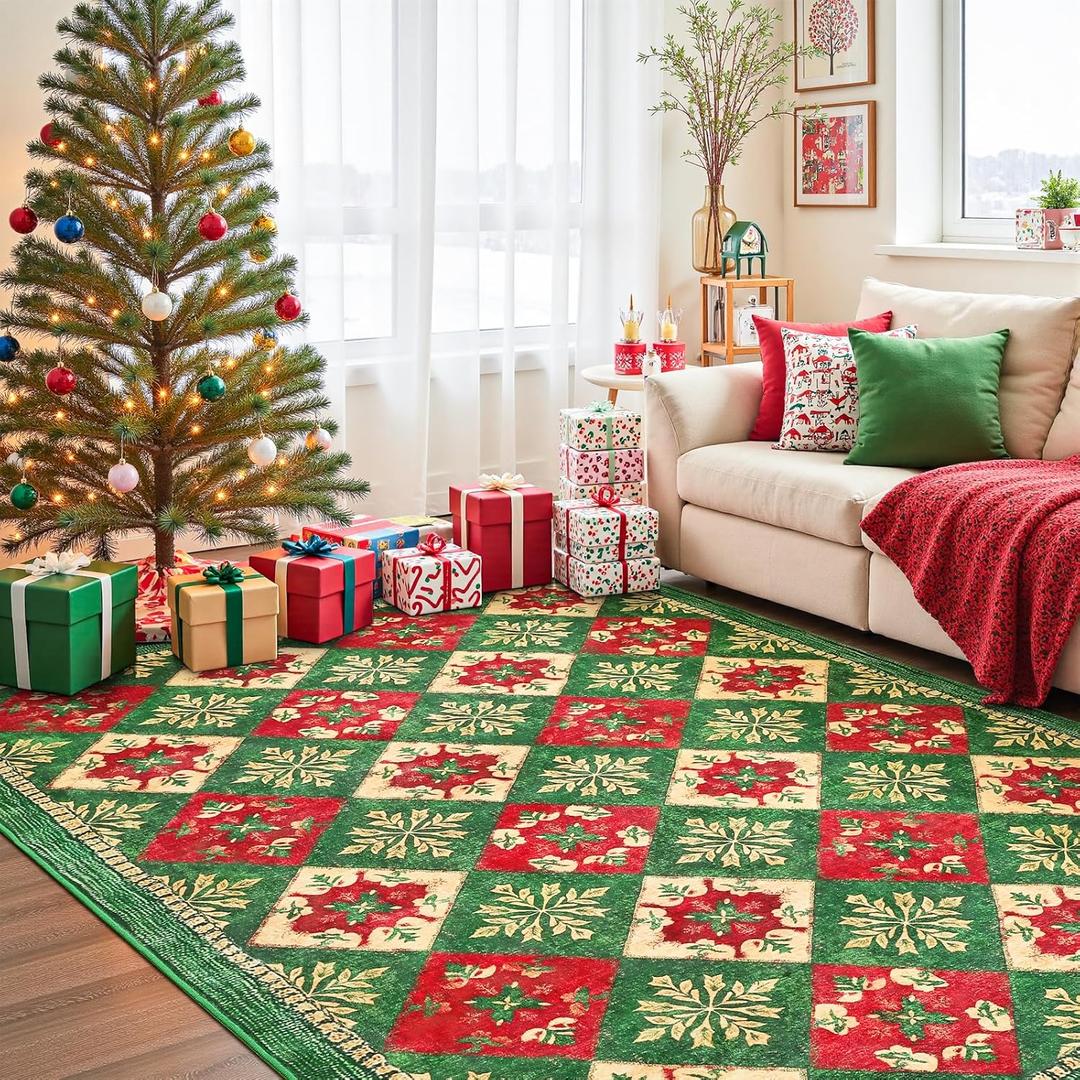 HOMORE Christmas Rugs for Living Room, 5x7 Christmas Rug for Bedroom, Red and Green Checkered Printed Washable Non Slip Rugs for Entryway Kitchen Dining Room,Geometric Moroccan Design Carpet