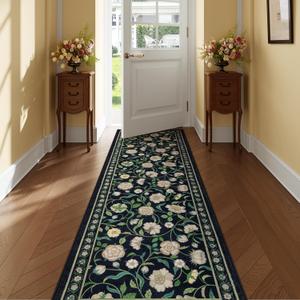 Moynesa Floral Runners for Hallways, 2.5x8 Washable Black Kitchen Runner Rug Non-Slip Rubber Backing, Ultra-Thin Soft Boho Patterned Indoor Carpet 8ft for Bedroom Laundry Entry