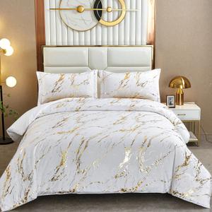 WONGS BEDDING White Gold Metallic Marble Comforter Set Queen Foil Print Glitter Bedding Sets with 2 Pillowcases for All Seasons, Soft Microfiber Filling Bedding Duvet Set 90"x90" (Queen(90"90"))