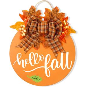 Hello Fall Wreath for Front Door, 12 Inch Fall Door Sign with Bow, Maple Leaves and Berries, Rustic Fall Decor for Porch, Wall, Thanksgiving & Harvest Season