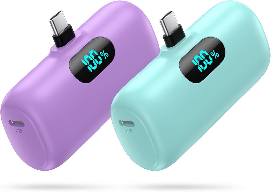 [2-Pack] Mini Portable Charger 5000mAh Power Bank,3A PD USB C Cell Phone Portable Power, LCD Display Battery Pack Compatible with iPhone 17/17 Air/16/16 pro/15/15 pro Max/Android/Samsung/Moto/LG etc (green+purple)