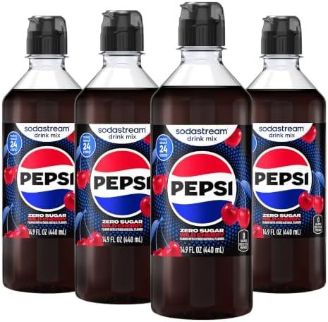 SodaStream Wild Cherry Pepsi Zero Sugar Drink Mix, 4 Pack Cherry Cola Syrup for Sparkling Water Makers, Real Taste Zero Syrup, Control Your Fizz with Sodastream Flavors, 4 x 14.9 Fl Oz (440ml) Makes about 96 Drinks Per Pack. Exp. 04/05/2027