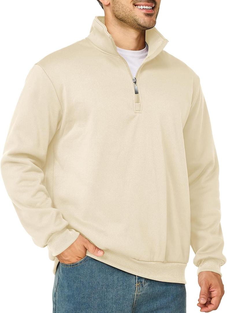 Mens Quarter Zip Pullover Lightweight Mock Neck Sweatshirt Casual Long Sleeve Sweaters (Beige, XXXL)