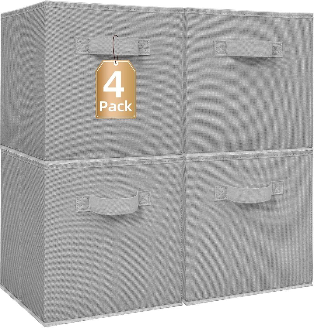 STORAGE MANIAC Storage Cubes, 11 Inch Collapsible Storage Bins with Handles, 4 Pack Fabric Foldable Bins for Organization, Durable Storage Bins for Closet, Shelves, Offices, Toys, 4-Pack Grey