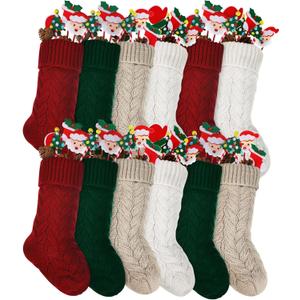 12 Pieces Christmas Stockings 14.5 Inch Cable Knitted Xmas Stockings Christmas Stockings Hanging Xmas Stockings for Christmas Fireplace Office Holiday Decoration (Red, White, Linen, Dark Green)
