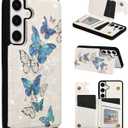 UEEBAI Wallet Case for Samsung Galaxy S25 5G with Card Holders, PU Leather Cover Kickstand RFID Blocking Double Magnetic Clasp Rilievo Flower Shockproof Flip Case for Women Girls - Blue Butterfly