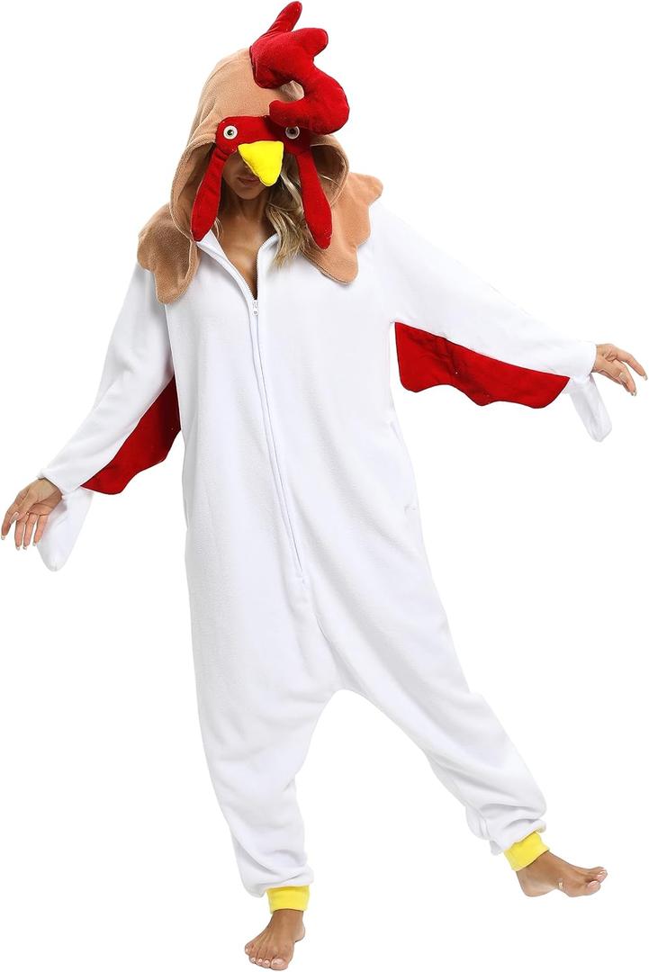 NAITOKE Adult Animal Onesie Halloween Costume Cosplay One-Piece Pajamas Women Man Teens (Small, White Red)