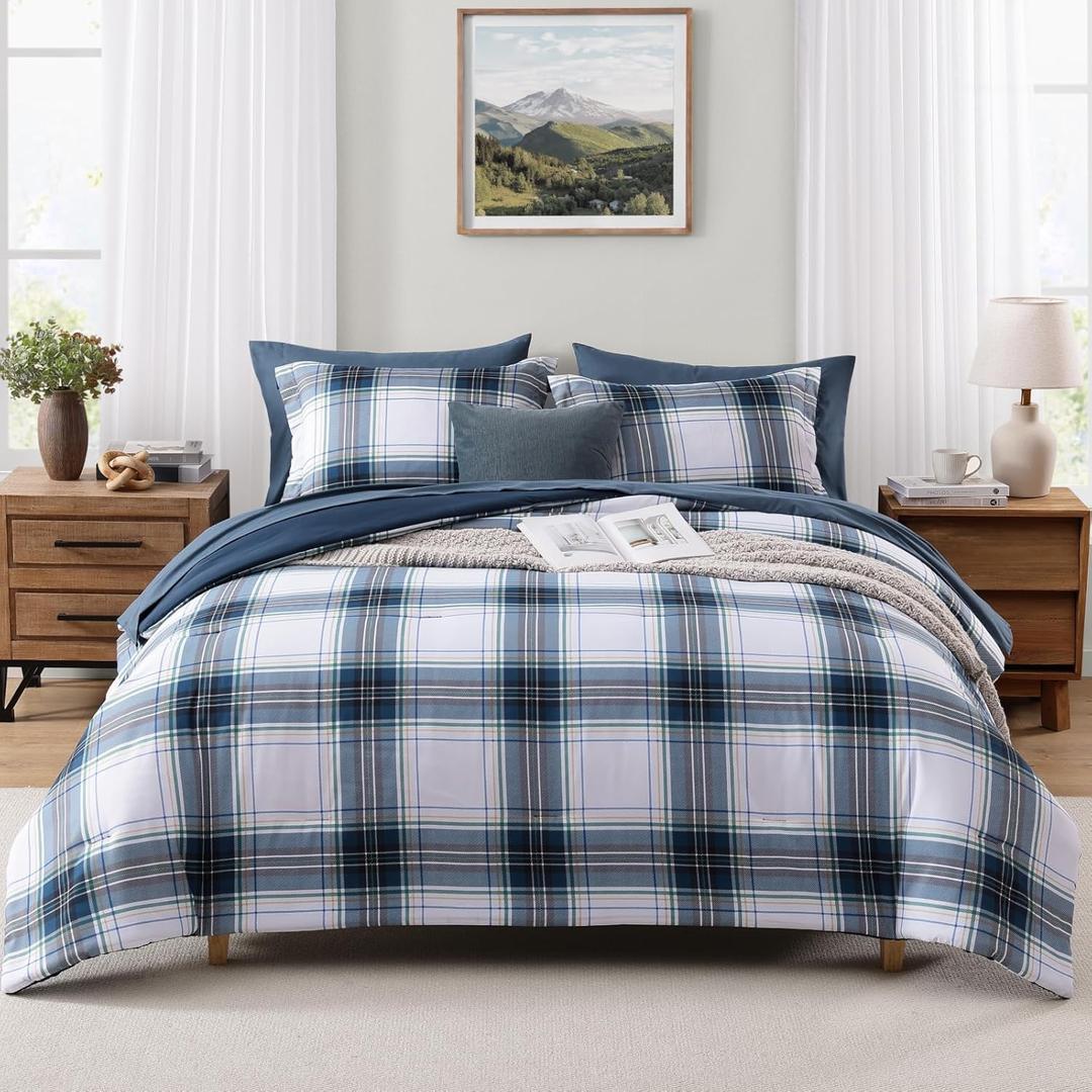 MaiRve Full Size Plaid Comforter Set Blue White, Classic 7 Pieces Farmhouse Bedding Set, All Season Lightweight Bed in A Bag with Sheets, Pillowcases & Shams