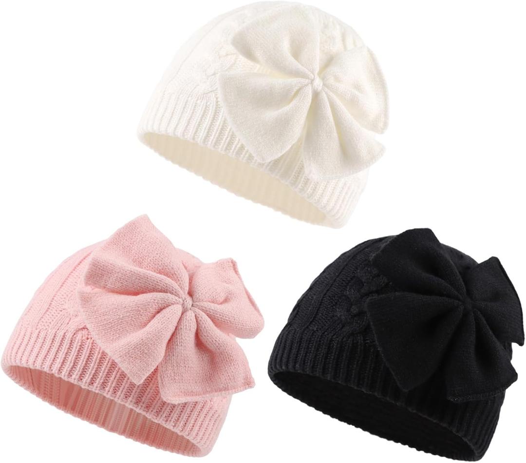 JANGANNSA Winter Warm Knitted Baby Hat for Girls Cotton Lined Infant Toddler Hat Autumn Cute Bow Classic Girls Beanie 0-6Y (Black+white+pink)