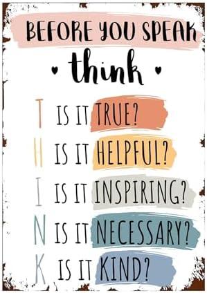 2 Pack LYXDS Classroom Signs Office Decor Think Before You Speak Poster Groovy Classroom Newsletters School Counselor Decor Metal Tin Sign 8x12in. 