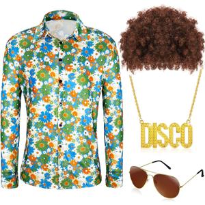 Shihanee 4 Pcs Mardi Gras Men 60s 70s Disco Costume Hippie Outfit Floral Shirt Wig Sunglass Gold Necklace for Cosplay Party (S)