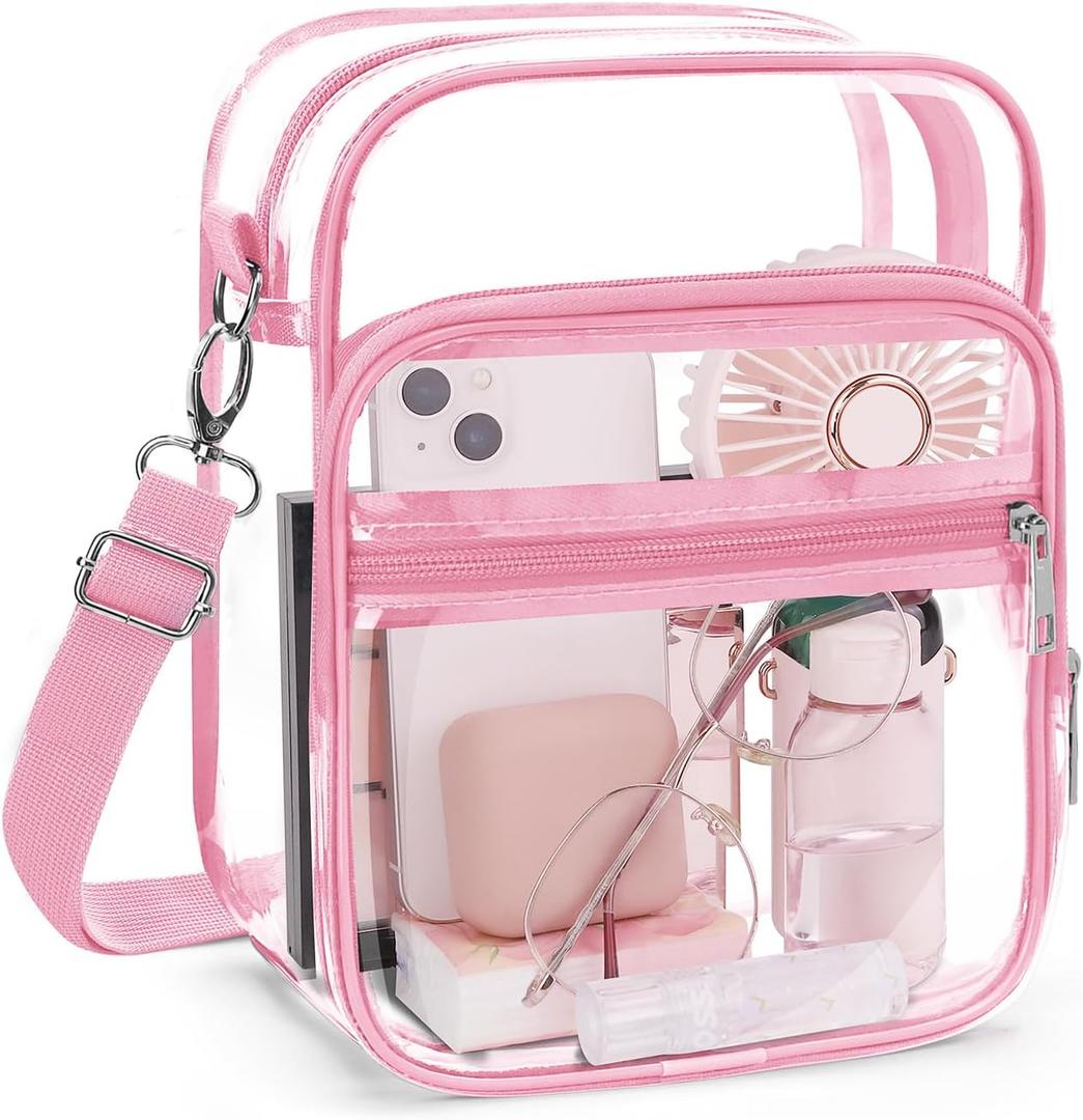 Blvornl Clear Crossbody Bag with Adjustable Shoulder Strap, Stadium Approved PVC Purse Bag, Messenger Bag (Small, Pink)