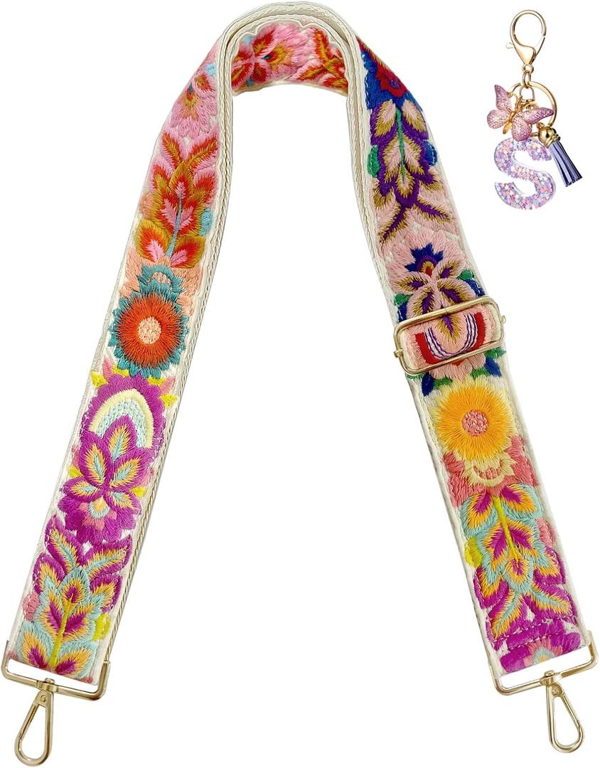 Embroidery Flower Purse Strap Replacement Crossbody 2 Inch Wide with Letter S Keychain for Women's Handbags (Fern Flower White)