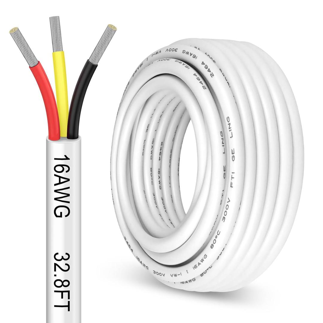 32.8FT 16 Gauge 3 Conductor Electrical Wire, 16AWG Stranded Tinned Copper 3 Wire Cable, Flexible Low Voltage Wire for LED Strips Lamps Lighting Automotive Trailer, White