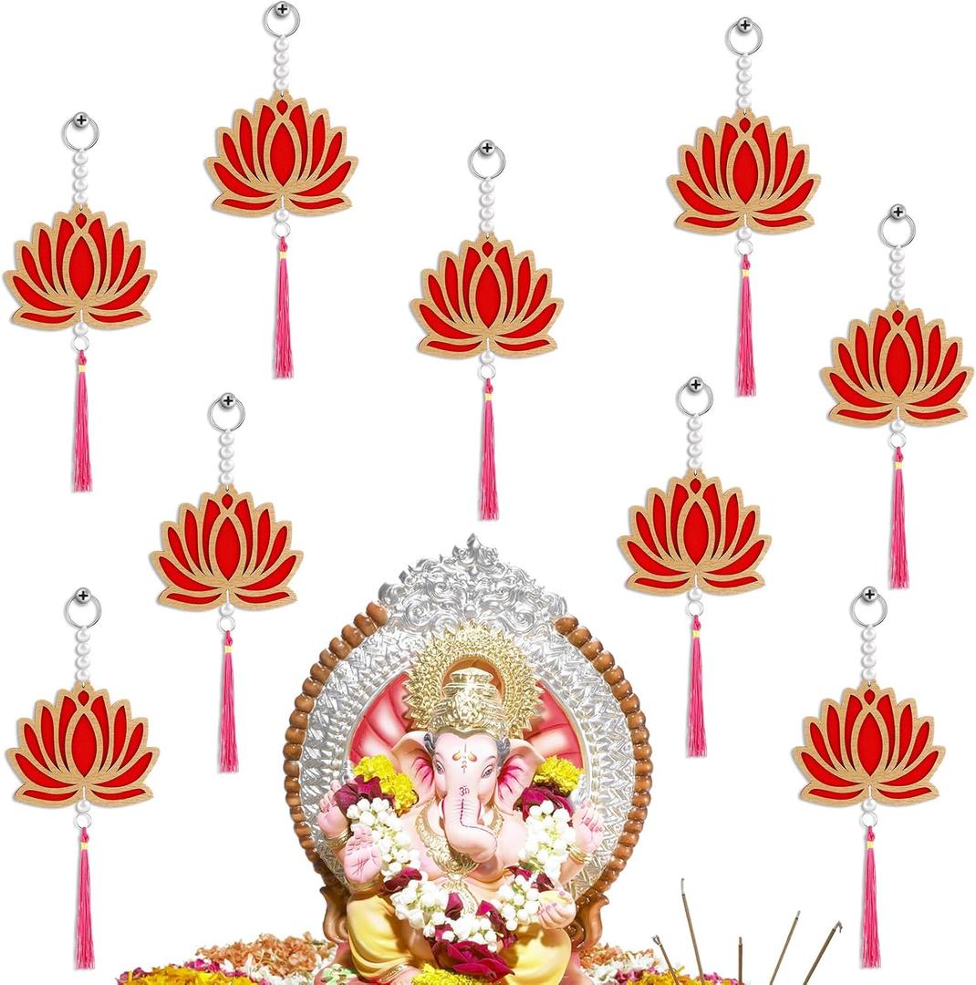 10 Pcs Lotus Decorations for Pooja Diwali Floral Wall Hanging Garlands for Temple Decor Indian Pooja Wood Decoration Back Dropper Showpiece for Diwali Home Wall Room Decor (Tassel Style)