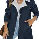 Dokotoo Womens Winter Jean Denim Long Sleeve Open Front Fleece Jacket Stand Collar Button Down Sherpa Fashion Coats for Women 2023 Cardigans Outerwear with Pockets Blue X-Large