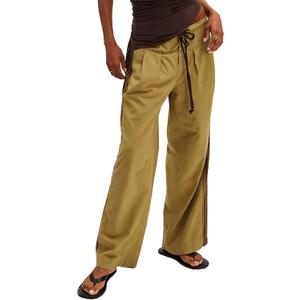 Side Striped Pants Women Drawstring Wide Leg Pants High Waisted Loose Slouchy Palazzo Sweatpants (Small, Brown)