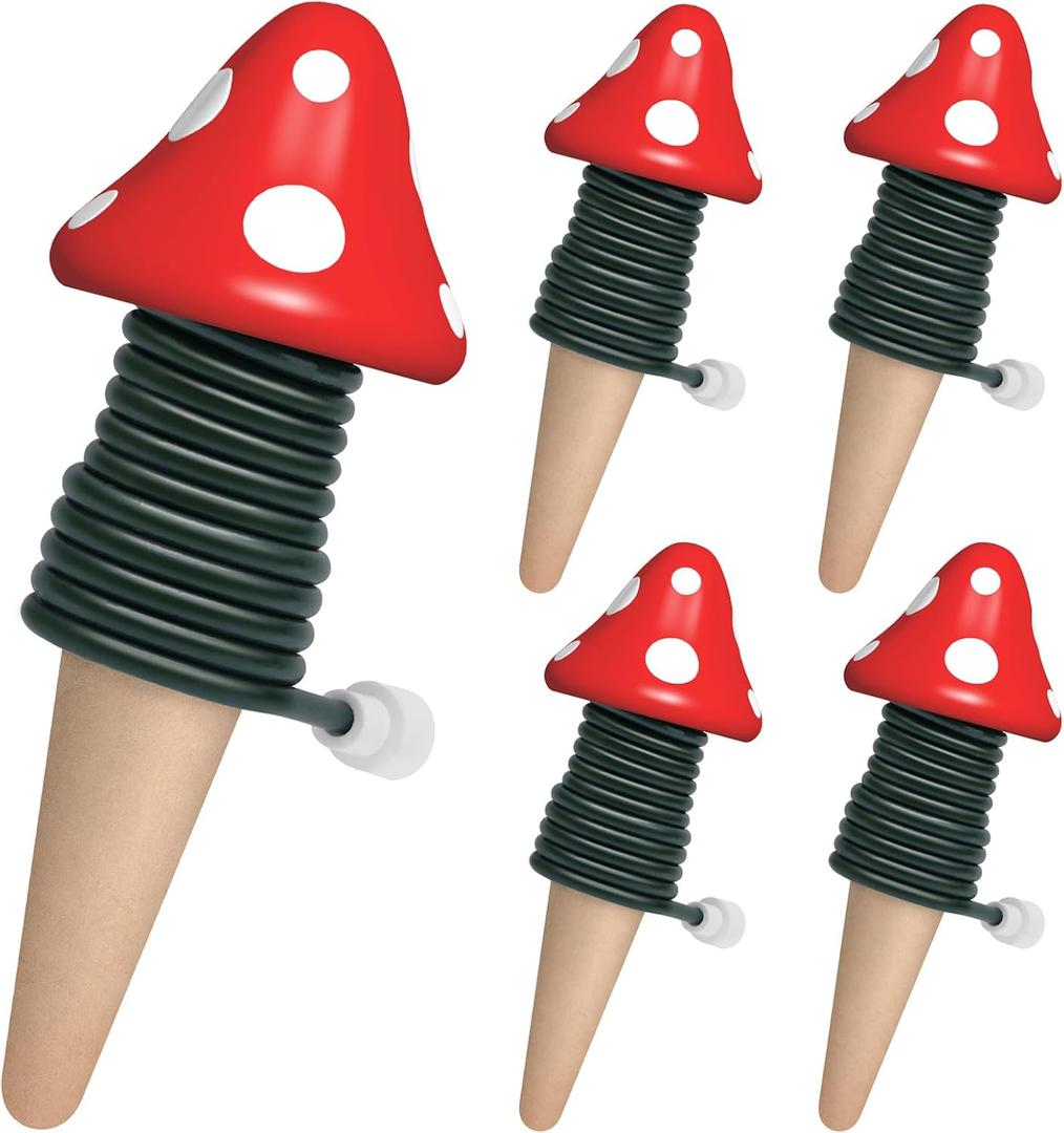 BYDOLL Plant Self-Watering Stakes Automatic Watering Terracotta Spikes for Indoor Outdoor Plants,Houseplant Mushroom Insert Devices for Vacation use,Bonsai Drip Irrigation System (5 Pack) (4.8''X1.7'')