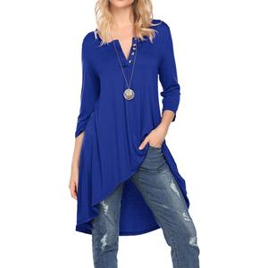 Naggoo Women's 3/4 Sleeve Button V Neck High Low Loose Fit Casual Long Tunic Tops Tee Shirts S-3XL (Blue, L)