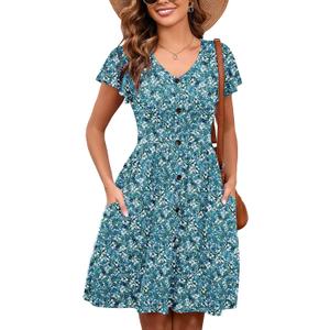 Heymoments Women's Ruffle Sleeve V Neck Swing Sundress Summer Casual A-Line Midi Dress with Pockets S-2XL (Green, XXL)