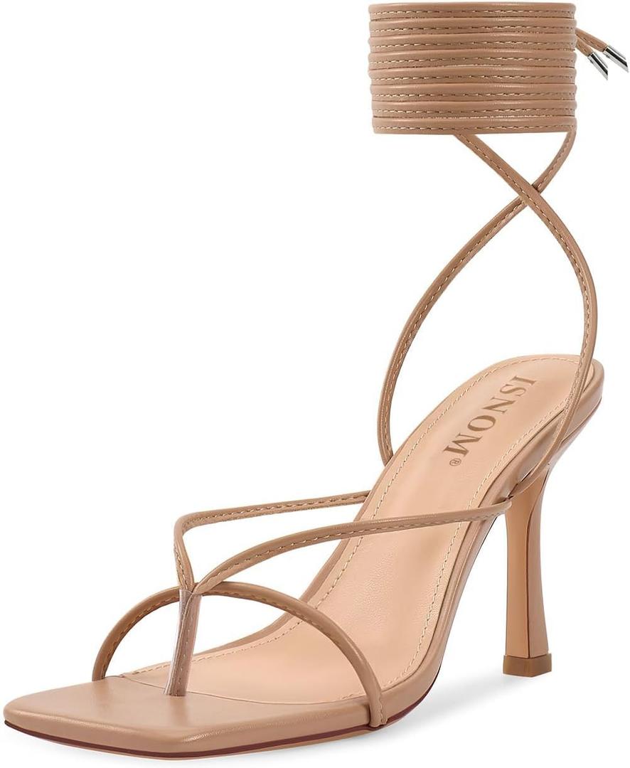 ISNOM Lace Up Heels Sandals for Women, Square Toe, Open Toe Thong, Stiletto Heels Design (8.5, Matte Nude)