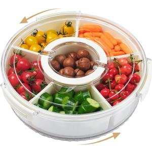 Rotating Divided Serving Tray with Lid and Handle,6 Compartments Snackle Box Container,12" Large Snack Spinner Lazy Susan,Fruit Veggie Tray Portable Round Snack Box Candy Fridge Organizer Platterbox