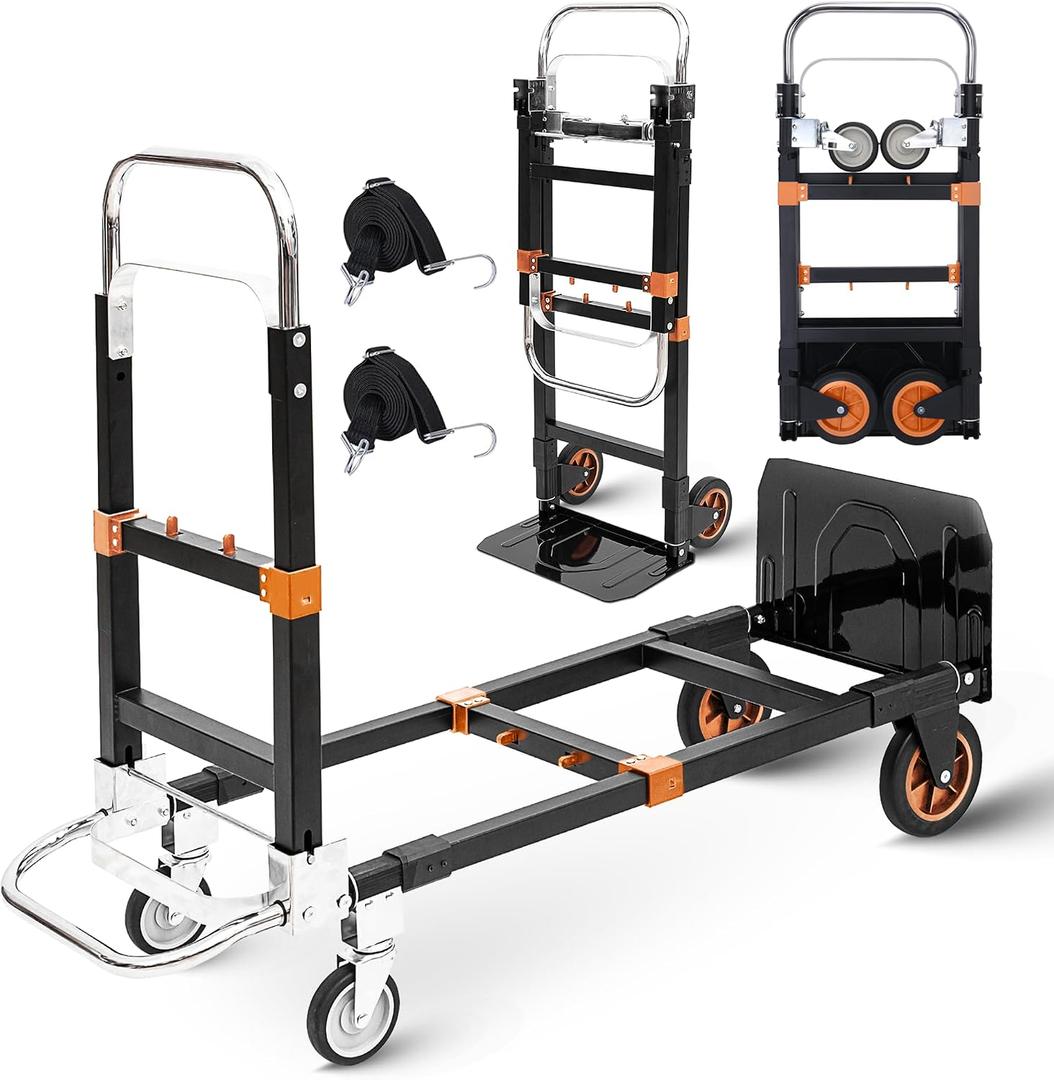 Upgraded 3 in 1 Folding Hand Truck, 500lbs Capacity Heavy Duty Convertible Dolly cart with Rubber Wheels, Collapsible Hand Truck Foldable with Telescopic Handle, Trolley for Moving, Office, Warehouse