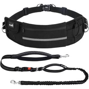 Pecute Dog Leash Hands Free with Pouch, Waist Belt Fanny Pack with Soft Pads, Dual Handles and Durable Bungee for Walking, Dog Seat Belt, Hiking, Running, Training, Black(Up to 180lbs)