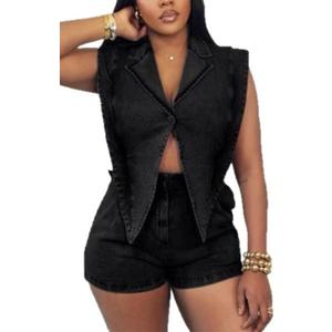 Women Summer Sleeveless Denim Romper Casual V Neck Bodycon Short Jumpsuits Cut Out One Piece Outfits (Medium, Black)