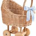 Woven Rattan Baby Stroller Flower Basket, Handcrafted Vintage Wicker Carriage Planter for Baby Shower Centerpieces, Wedding Party Decor and Photo Props, Small Size 14"