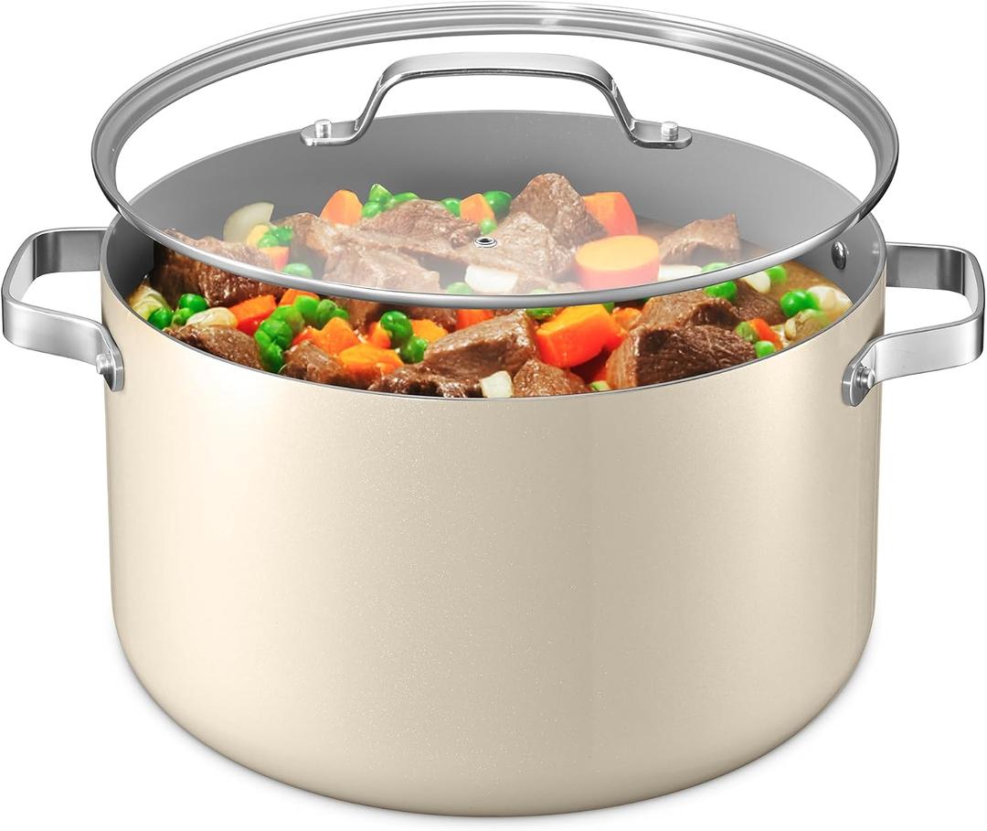 Bakken 16 Quart Ceramic Coated Stock Pot with Lid, Easy Clean Nonstick Pot, Tempered Glass Lid, Riveted Stainless Steel Handles, Oven Safe Up To 500F, PTFE & PFAS Free, All Stove Compatible, Cream