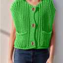 Hvewarm Womens Casual Chunky Knit Vest Gold Button Down Crop Crochet Sleeveless Sweater Vest (Green-S), Small (Green, S)