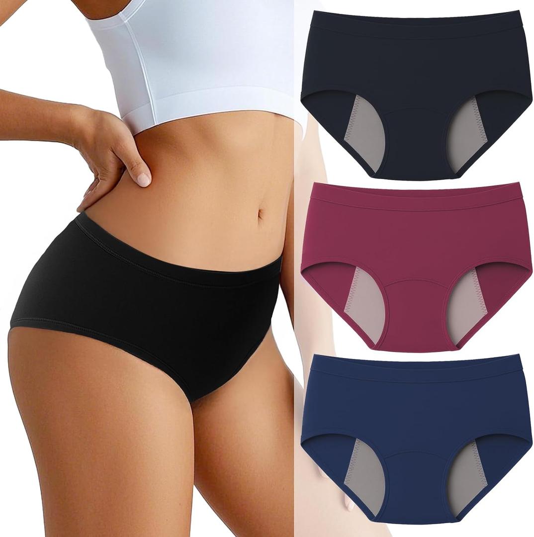 Incontinence Underwear for Women Washable Period Underwear Absorbent Cotton Panties Bladder Leak Underwear for Women Teens (Large, Multicolor-3 Pack)