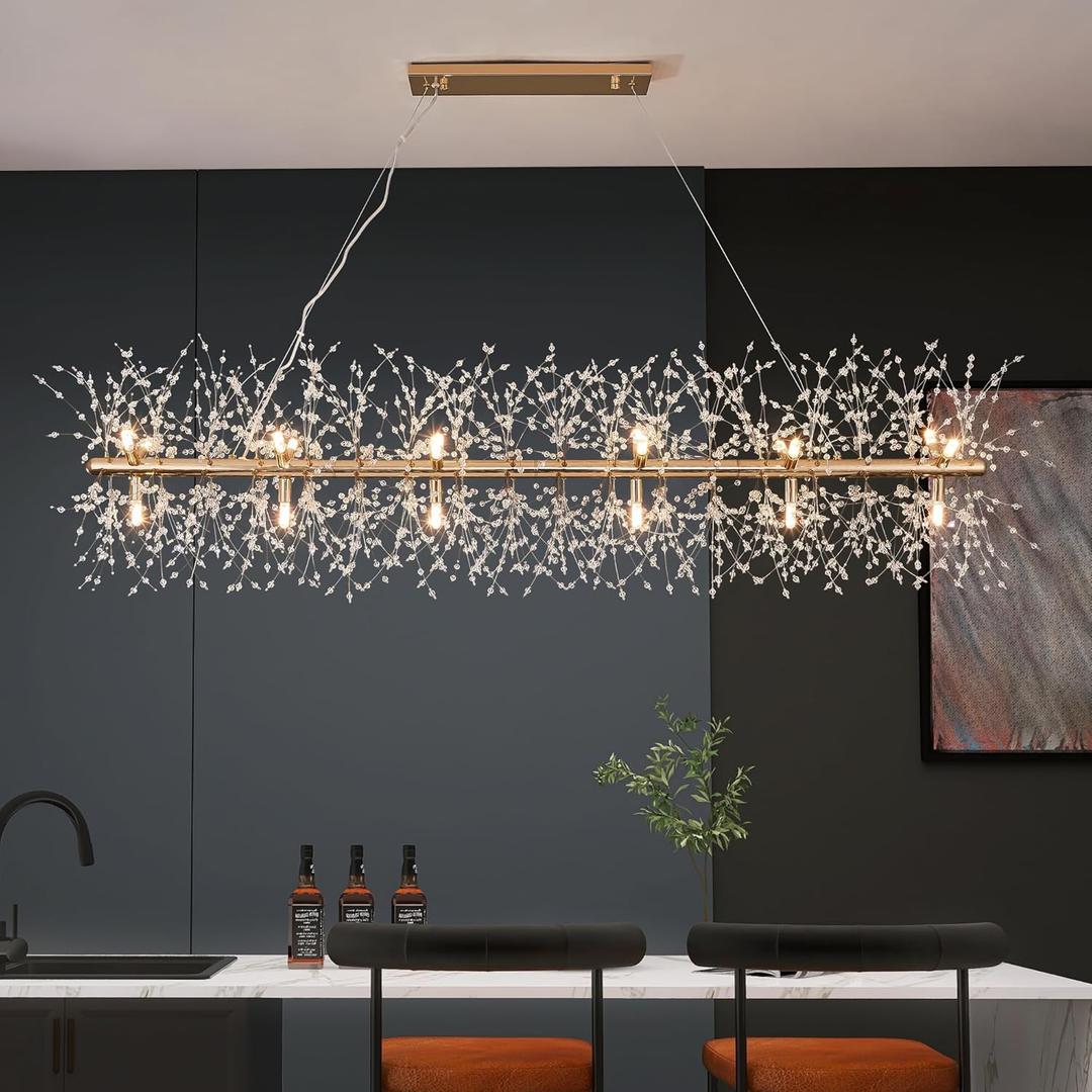 Modern 59" Modern Gold Crystal Firework Chandelier, 18-Light Pendant Light Fixture, Rectangle Linear Sputnik Dandelion Chandeliers for Dining Room Kitchen Living Room (59" Rectangular-1)