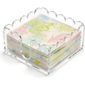 Scalloped Acrylic Napkin Holder - Clear Square Cocktail Napkin Holder for Table, Chic Wavy Edge Paper Dispenser for Bar, Kitchen & Beverage, with 8 Non-Slip Pads (5.91 5.91 2.36 inches)