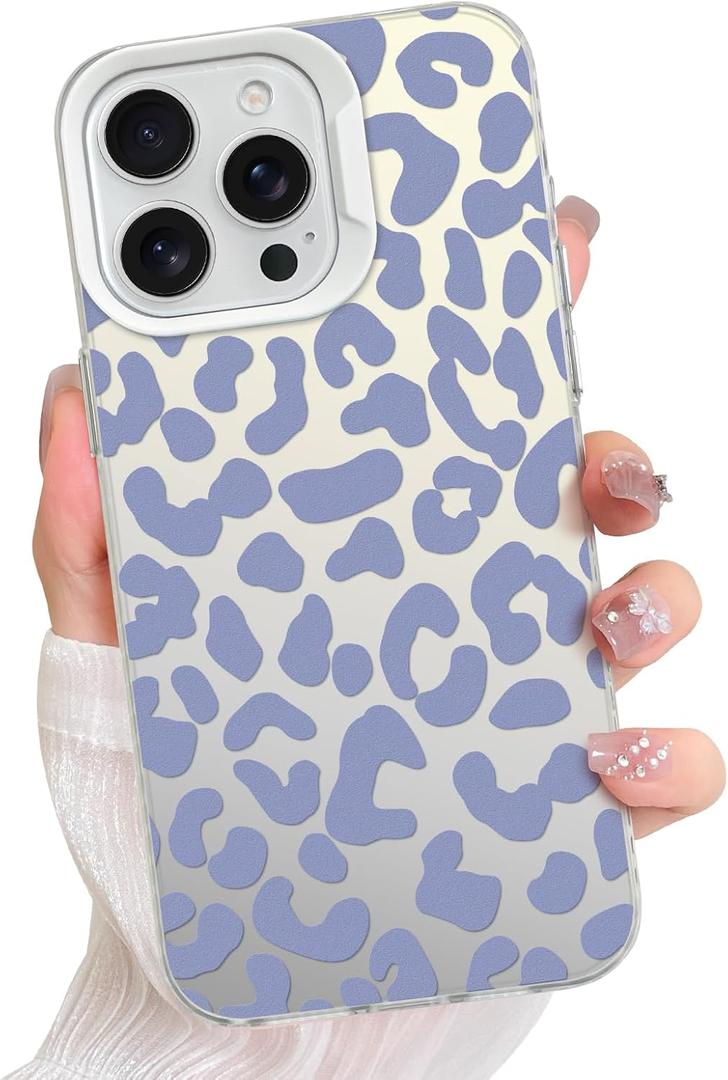 Compatible with iPhone 16 Pro Max Case Cute Aesthetic for Women Girls, Cool Leopard Cheetah Print Phone Case Trendy Girly Glossy Slim Shockproof Protective Cover, Grey Blue