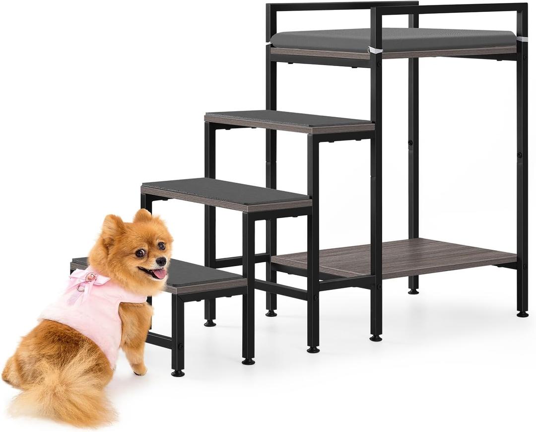 Pet Window Perch with Stairs, Grey Dog Window Perch with Stairs, 4 Steps Dog Bunk Beds with Stairs, Pet Stairs for High Beds with Cushion for Medium Small Sized Pets