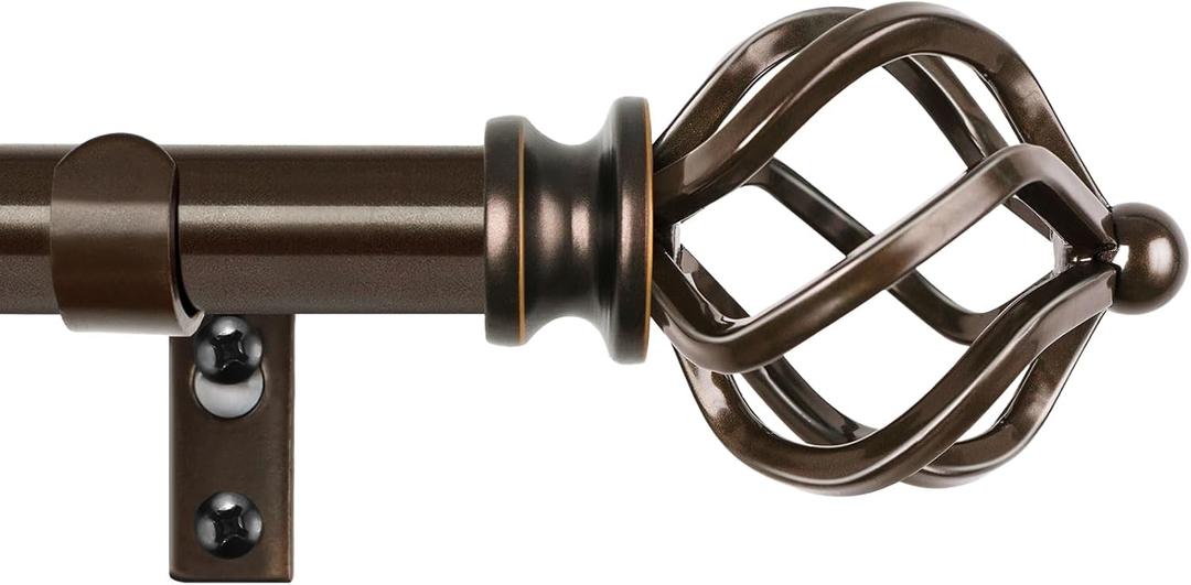 KAMANINA Curtain Rods for Windows 66 to 120 Inch, 3/4 Inch Bronze Curtain Rod 32 to 115 Inches (2.6-9.6ft) Splicing Adjustable Single Drapery Rod with Twisted Cage Finial