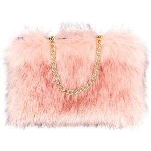 FHQHTH Faux Fox Fur Purse Fuzzy Handbags for Women Evening Handbags Al alloy Shoulder Strap (Pink With Brown Tips)