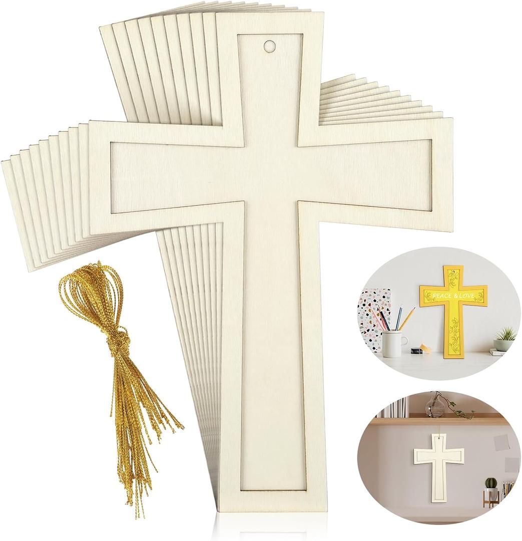 Beeveer 24 Pcs Unfinished Wooden Crosses for Crafts 8.9 x 6.5 Inch Unpainted Large Blank Wooden Layered Cross for Sunday Crafts DIY Church Home Wall Decoration with String (Classic)