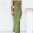 Women's Summer Satin Strapless Tube Top Maxi Dress Elegant Silk Backless Halter Neck Formal Party Dresses Wedding Guest (Beige, L)