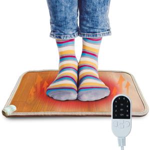 Electric Heated Floor Mat Under Desk for Office and Home - 19.7x11.8in Foot Warmer, 10 Temperature Settings, 3 Timer Options, Energy-Efficient Graphene Heating, Wood Stripe, Ideal Winter Comfort