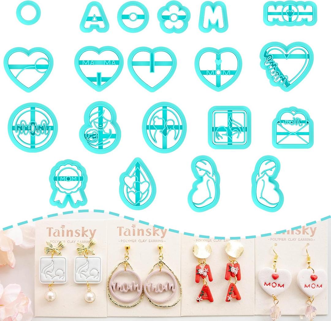 Tainsky Mother's Day Polymer Clay Cutters, Mom Clay Cutters, 20 Shapes Clay Cutter for Polymer Clay Jewelry, Mother Love Mom Polymer Clay Earring Cutters, Mama Earring Cutters for Polymer Clay